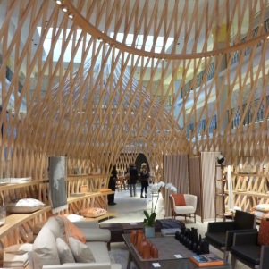 The interior of the Hèrmes shop in Paris at the Rue de Sèvres in St Germain, Paris. Three nine metre high wooden pavilions are made of ash laths, each housing the Hermes collection.
